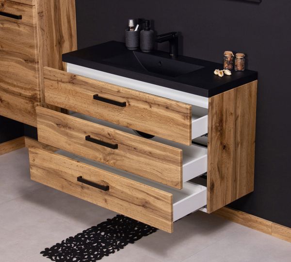 Quentis Badmoebel Fokus Loft 80 cm 3S Eiche Natur Waschbecken schwarz matt FKSN80362