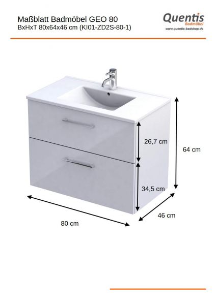 Badmöbel GEO 80 cm, weiß glänzend, Unterschrank montiert