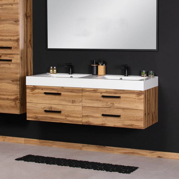 Badmöbel ZENO-LOFT 160 cm, Eiche, Doppelwaschtisch mit Unterschrank, montiert