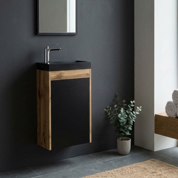 Gäste-WC Möbel GUEST 40 cm, Eiche-Schwarz, Waschbecken schwarz matt, vormontiert