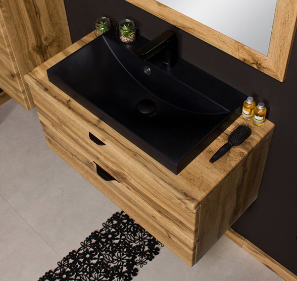 Badmöbel VICTA, Breite 80 cm, Eiche, Waschbecken schwarz