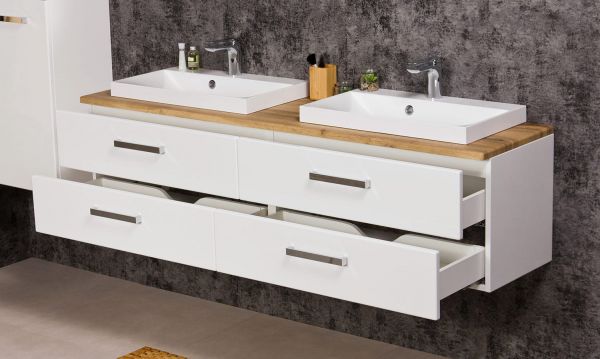 Quentis Badmöbelset Doppelwaschplatz SUSAN, Breite 160 cm, weiß/ eiche, montiert