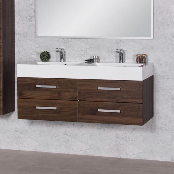 Badmöbelset Doppelwaschplatz ZENO, Breite 120 cm, Nussbaum, montiert