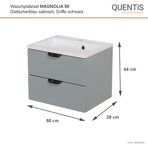 Badmöbel MAGNOLIA 50 cm, Gletscherblau satiniert, Waschtischunterbau montiert inkl. Waschbeckenen