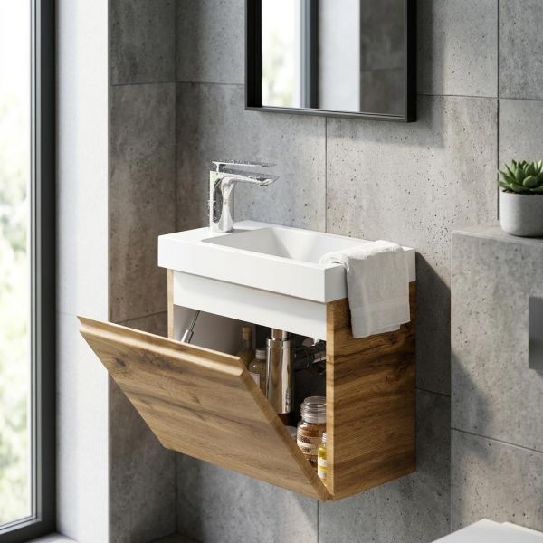 Gäste-WC Badmöbel FAROS 40 cm – Waschbecken mit Unterschrank, Eiche Natur, vormontiert