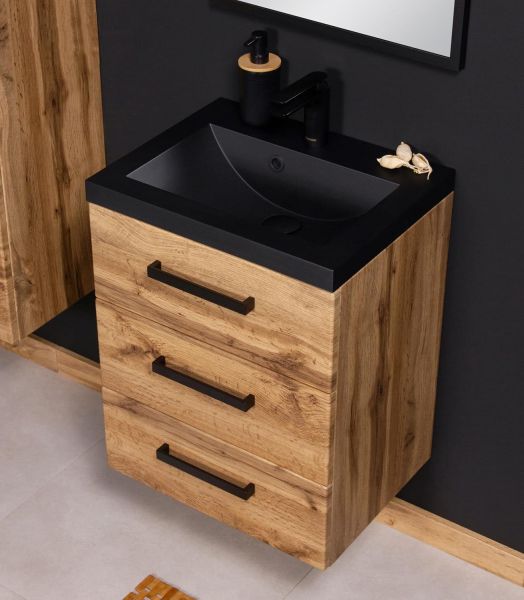 Badmöbel Fokus LOFT 50-XL, Eiche Natur, Waschtisch schwarz matt, Waschtischunterschrank montiert
