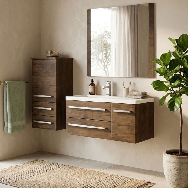 Badmöbel GENUA 90 cm Holzdekor Antik mit Midischrank