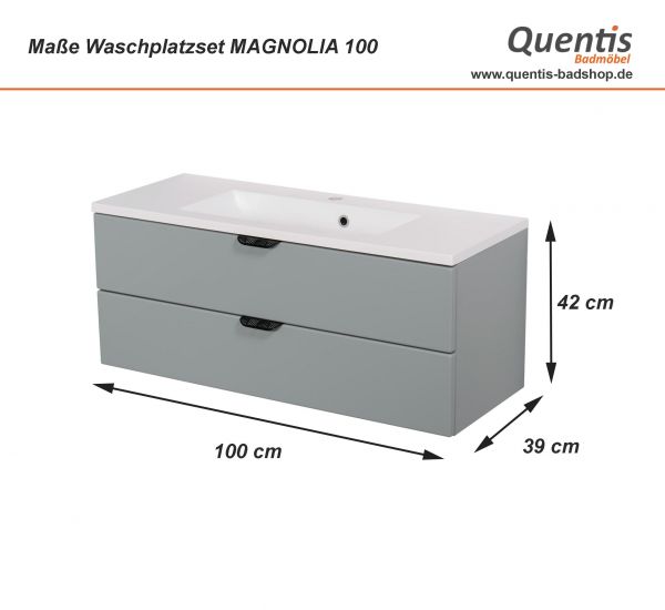 Badmöbel MAGNOLIA 100 cm, Gletscherblau satiniert, Waschtischunterbau montiert inkl. Waschbecken