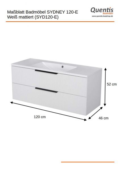 Quentis Badmoebel SYDNEY 120 cm weiß matt Waschtisch mit Unterschrank montiert SYDB120E