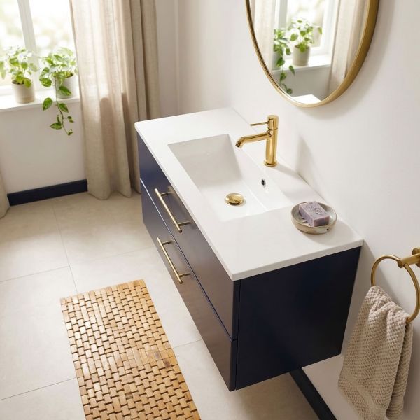 Badmöbel BELLI 100 cm Marineblau matt – Waschbecken mit Unterschrank, 2 Schubladen, vormontiert