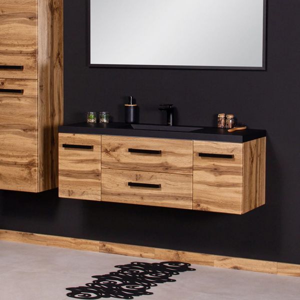 Badmöbel FOKUS LOFT 120, Eiche Natur, Waschtisch schwarz matt, Waschtischunterschrank montiert