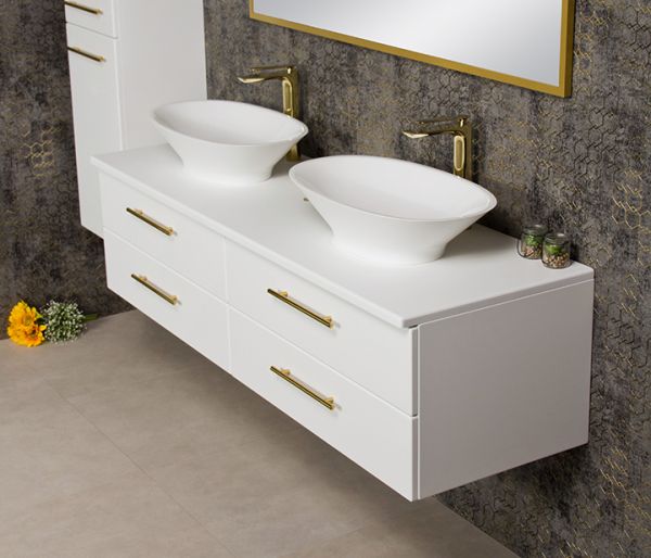 Badmöbel BELLI 160 cm, Weiß seidenmatt, Doppelwaschplatz inkl. 2 Aufsatzbecken