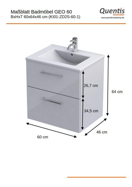 Maße Badmöbel GEO 60 cm, weiß glänzend, Unterschrank montiert