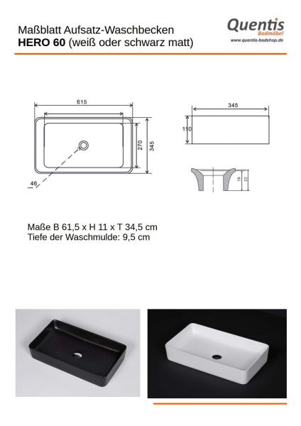 Aufsatzwaschbecken HERO Breite 61, Keramik, weiß matt