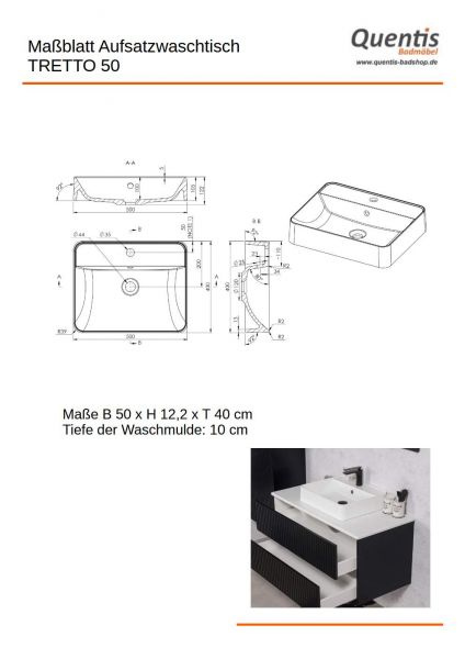 Aufsatzwaschtisch TRETTO Breite 50 cm Waschbecken weiß