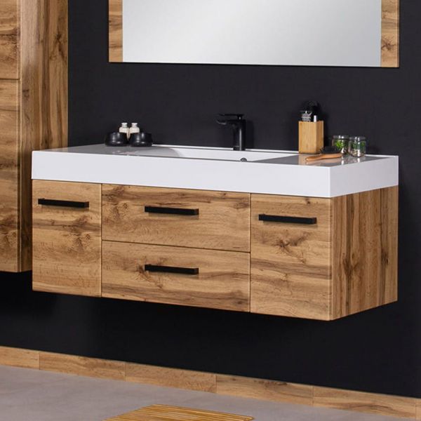 Badmöbel Zeno-Loft, Breite 120 cm, Eiche Natur, Griffe schwarz, Waschtischunterschrank montiert