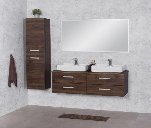 Badmöbel ZENO 140 cm, dunkelnuss, Doppelwaschplatz inkl. 2 Aufsatzbecken ZE14OR-D-LUNA