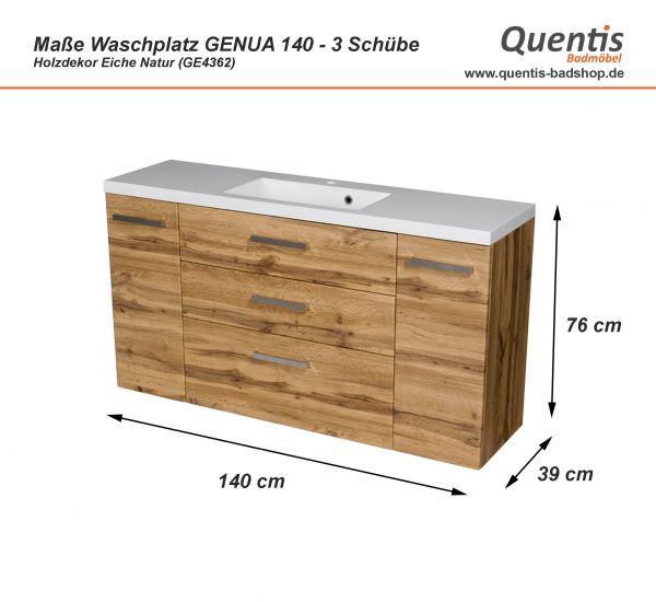 Quentis Maße Badmöbel Genua 140 cm, Eiche Natur, 3 Schubladen, Waschtischunterschrank montiert GE4362C