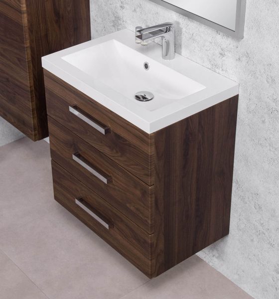 Badmöbel GENUA 60 cm XL, Nussbaum,Waschtischunterschrank montiert, inkl. Waschbecken