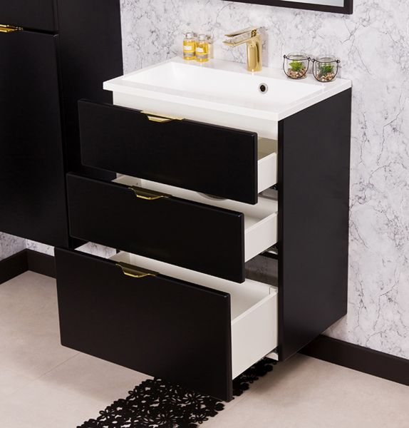 Badmöbel VICTOR 60 cm, Waschtischunterbau mit 3 Schubladen inkl. Gussmarmorbecken, schwarz matt