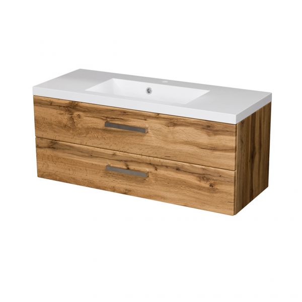 Badmöbel GENUA 100 cm, Eiche Natur, Waschtischunterschrank montiert, inkl. Waschbecken