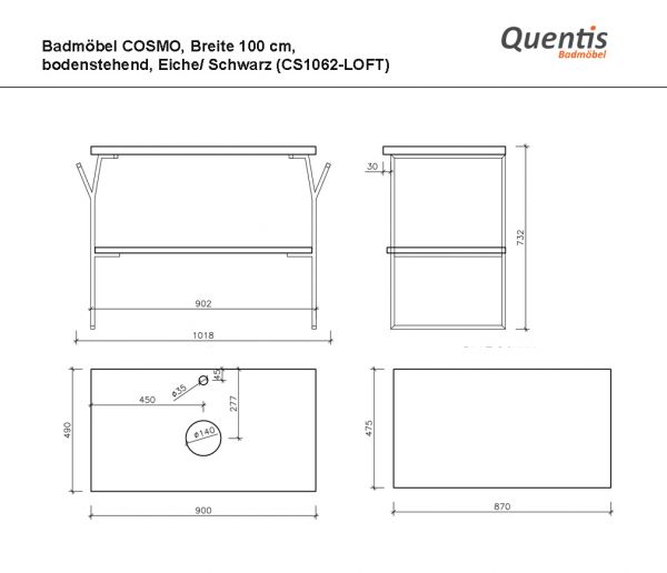 Badmöbel COSMO -Loft 100 cm, bodenstehend, Eiche/ Schwarz
