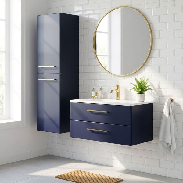 Badmöbel BELLI 80 cm, Marineblau matt Waschbeckenunterschrank montiert inkl. Waschbecken