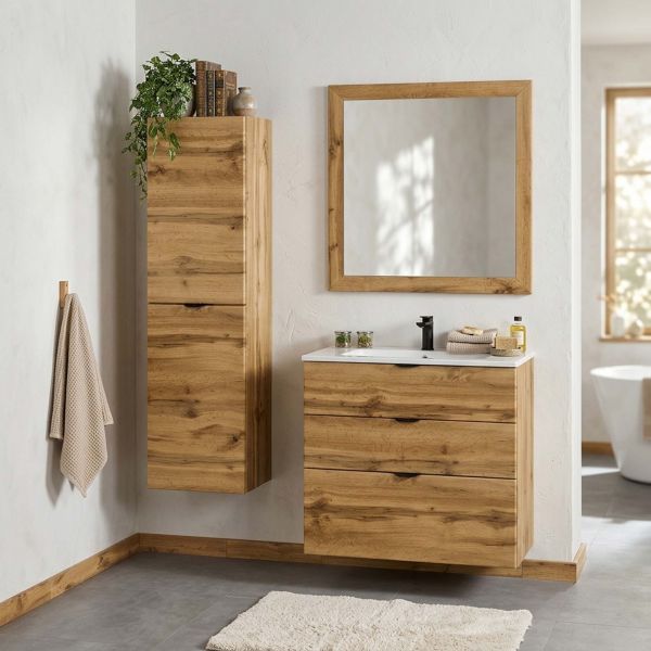 Badmöbel VICTOR 80, Waschtischunterbau mit 3 Schubladen inkl. Waschbecken, Eiche Natur