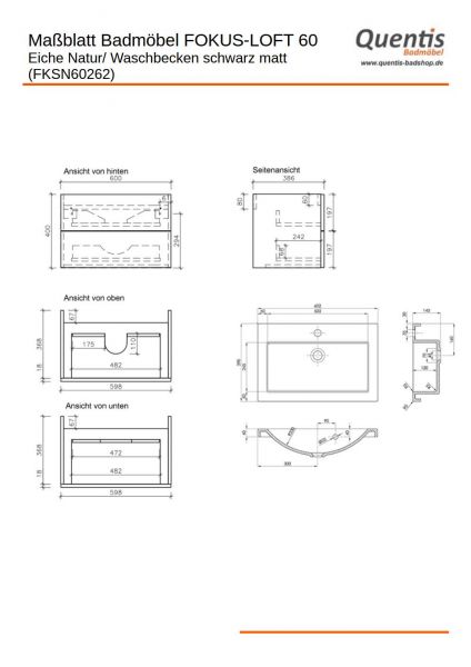 Badmöbel FOKUS LOFT 60, Eiche Natur, Waschtisch schwarz matt, Waschtischunterschrank montiert