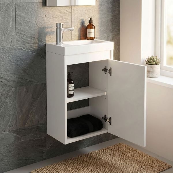 Gäste-WC Möbel GUEST 40 cm, weiß glänzend, inkl. Waschbecken, vormontiert