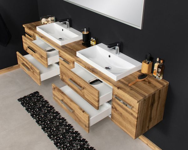 Badmöbel SUSAN Breite 210 cm, Eiche Natur, Einzel- oder Doppelwaschplatz, montiert
