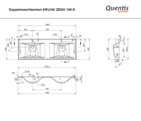 Badmöbel ZENO 140 cm, Nussbaum, Doppelwaschtisch mit Unterschrank, montiert