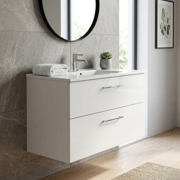 Badmöbel GEO 100 cm, weiß glänzend, Unterschrank montiert
