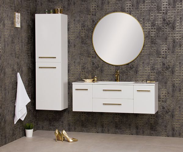 Badschrank BELLI mit Wäschekorb, Hochschrank weiß matt vormontiert