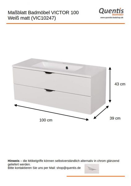 Badmöbel VICTOR 100 cm, Waschtischunterbau mit 2 Schubladen, seidenmatt weiß