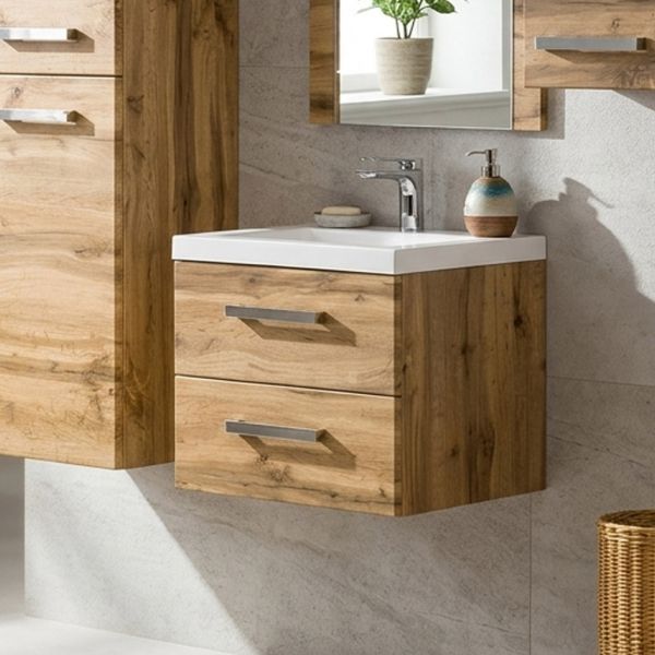 Badmöbel GENUA, Breite 50 cm, Eiche Natur, 2 Softclose-Schubladen, vormontiert