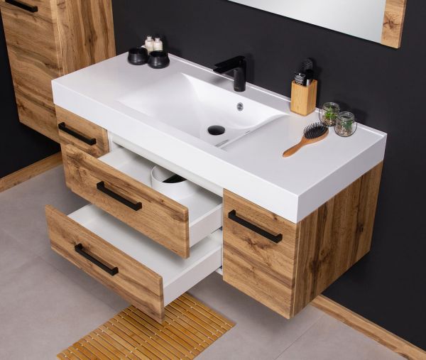 Badmöbel Zeno-Loft, Breite 120 cm, Eiche Natur, Griffe schwarz, Waschtischunterschrank montiert
