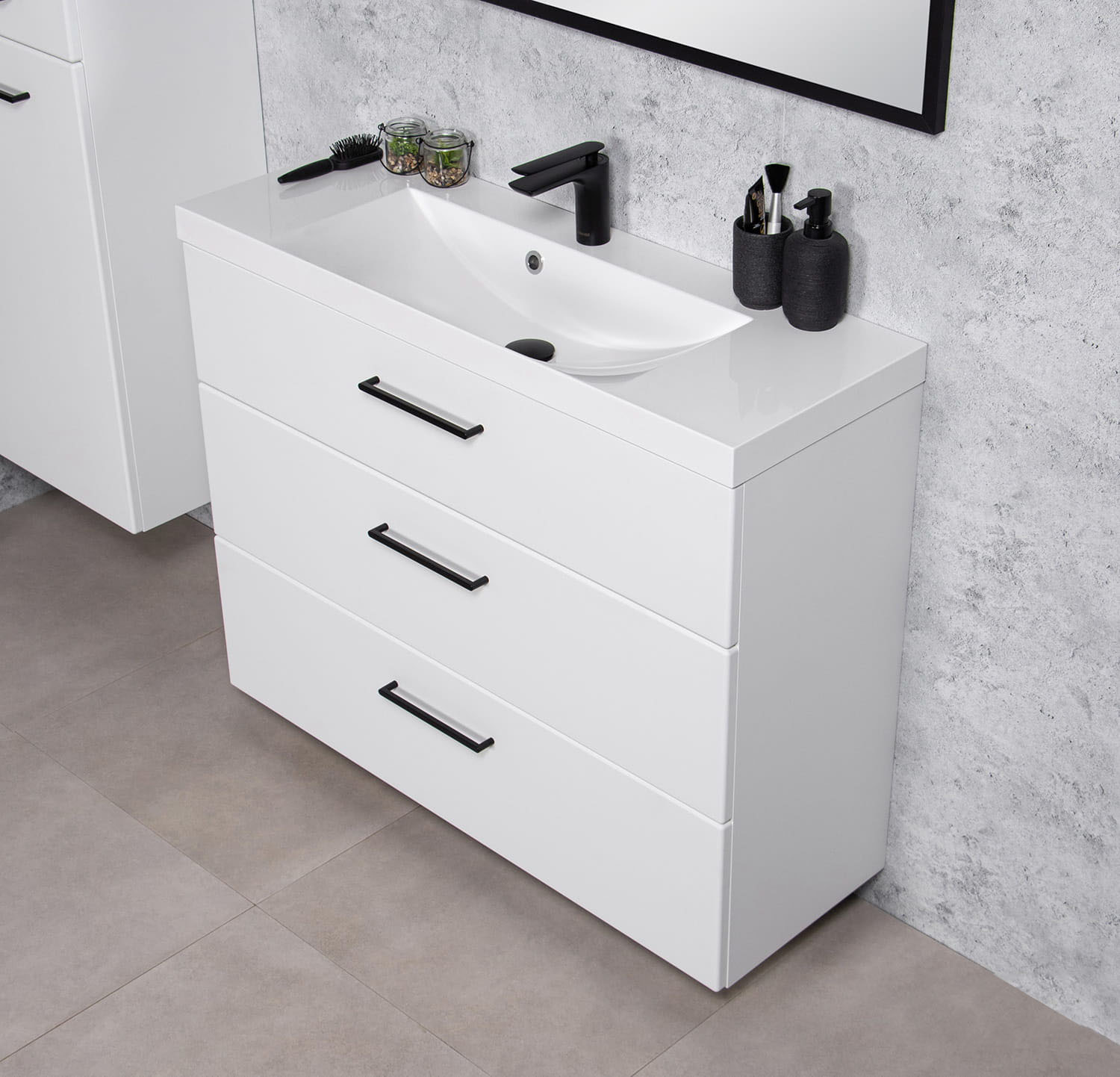 Badmoebel DOMINO SLim-Line 100 Tiefe 35 cm weiß matt Waschtisch und Unterschrank montiert