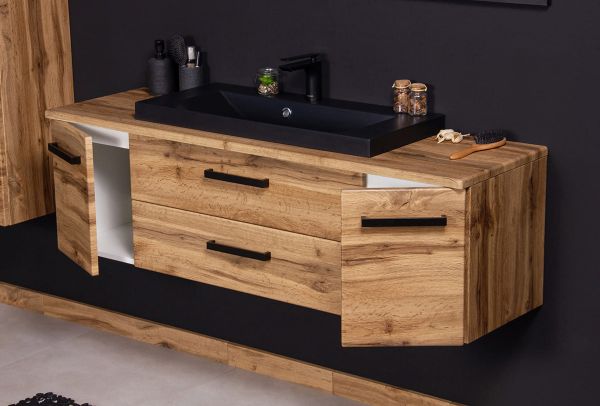 Badmöbelset FOKUS LOFT 140 cm von Quentis – Eiche Natur mit schwarzem Waschbecken matt