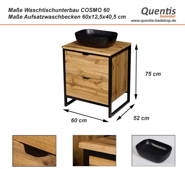 Maßblatt Badmöbel Cosmo, Breite 60 cm, Aufsatzbecken schwarz (CS6062-S)
