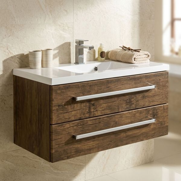 Badmöbel Genua, Breite 100 cm, Holzdekor antik, 2 Softclose-Schubladen
