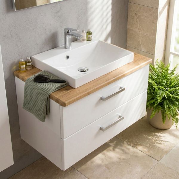 Badmöbel SUSAN 80 cm Weiß Hochglanz / Eiche Natur mit Waschbecken, 2 Schubladen