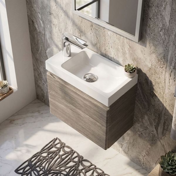 Gäste-WC Badmöbel FAROS 40 cm – Waschbecken mit Unterschrank, Eiche grau, vormontiert