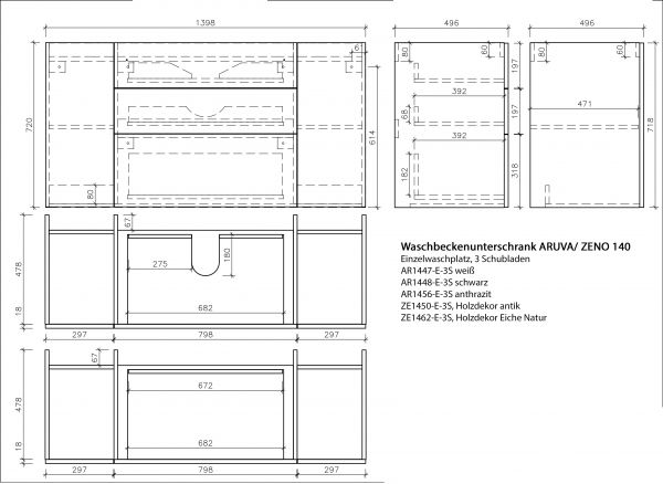 Datenblatt Waschbeckenunterschrank Breite 140 cm