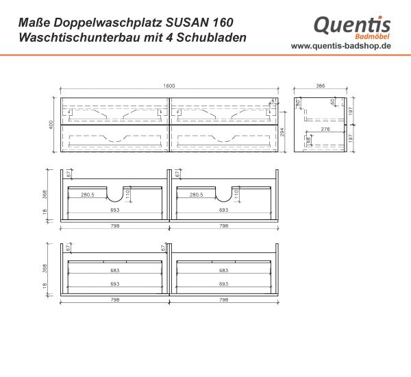 Badmöbel SUSAN 160 Eiche Natur, Doppelwaschplatz, Waschtischunterbau montiert
