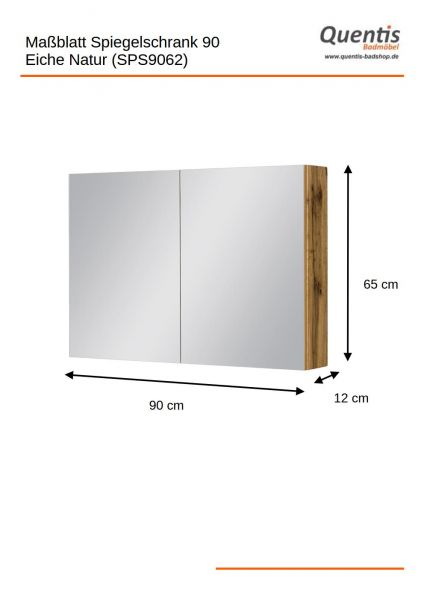 Spiegelschrank Breite 90 cm, Eiche Natur, montagefertig