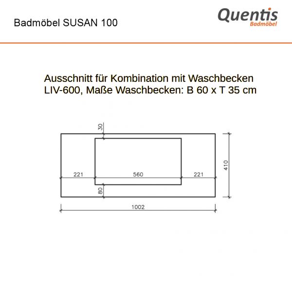 Badmöbel SUSAN 100 cm, Weiß Hochglanz, inkl. Waschbecken, 2 Schubladen, vormontiert