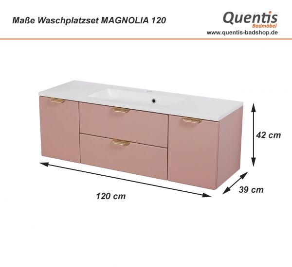 Badmöbel MAGNOLIA 120 cm, rosé satiniert, Waschtischunterbau montiert mit Waschbecken