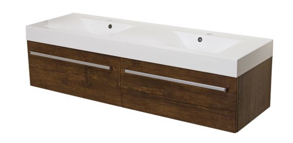 Badmöbel ZENO Breite 160 cm, Holzdekor antik, 2 Schübe, Doppelwaschtisch mit Unterschrank, montiert