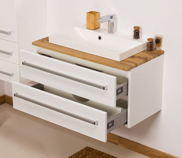 Badmöbel Susan, Breite 80 cm, weiß/ eiche, Waschtisch mit Unterschrank, 2 Schubladen